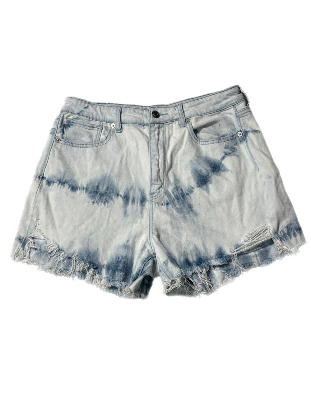 American Eagle Highest Waist Denim Mom Shorts Tie Dye Distressed Frayed Raw Hem